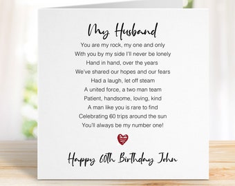 Husband 60th Birthday Card - Sixtieth Birthday Card for Husband - Romantic Husband Birthday Card  - Add personalised message 0113