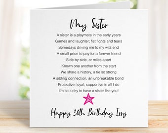 30th Birthday Card for Sister  - Happy 30th Birthday Sister - Thirtieth Birthday Card Sister - My sister - Add personalised message 0106