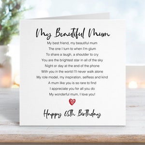 Mum 65th Birthday Card - Card for Mum sixty fifth - Happy Birthday Mum Birthday Card for Mam Beautiful Mum Add personalised message 0170