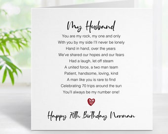 Husband 70th Birthday Card - Seventieth Birthday Card for Husband - Romantic Husband Birthday Card  - Add personalised message 0145