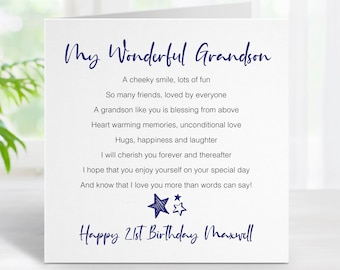 21st Birthday Card for My Wonderful Grandson - Personalised Twenty First Birthday - My Grandson - Add personalised message inside  - 0156