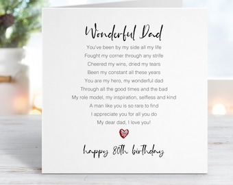 May include: A white card with a red heart and the text "Wonderful Dad" and "happy 80th birthday". The card has a poem about a father.