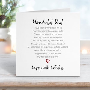 May include: A white card with a red heart and the text "Wonderful Dad" and "happy 80th birthday". The card has a poem about a father.
