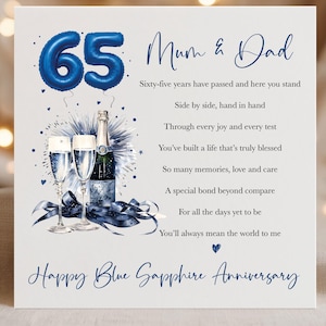 Personalised 65th Wedding Anniversary Card for Mum and Dad - Blue Sapphire Anniversary Card - Parents Wedding Anniversary Card