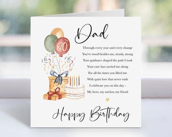 May include: A white birthday card with the word "Dad" in elegant script. The card features watercolor illustrations of balloons, a gift, a cake with candles, and the text "Happy Birthday". The number "80" is on a balloon.