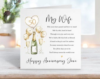Golden 50th Wedding Anniversary Card for Wife - Fiftieth Anniversary - Romantic Poem / Verse - Personalise