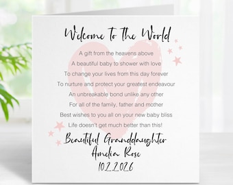 Tarjeta de felicitación para la recién nacida de mi nieta - Tarjeta de bienvenida al mundo - Tarjeta personalizada para niña