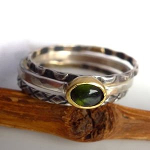 Green tourmaline ring, solid 24K gold setting, stacking ring, ring set, silver ring dark green tourmaline, 999 fine gold, statement ring, OOAK, UNIQUE