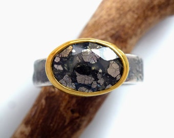 24K solide Goldfassung, Markasit Silberring, Nipomo Marcasite Ring, Stapelring Edelstein, Silberring geschmolzen, 999 Feingold, ooak