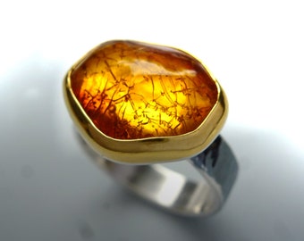 made to order: großer Bernstein Ring, 24K Gold, in Wunschgröße, Silberring baltischer Bernstein, Bernsteinring, Sonne, 999 Feingold