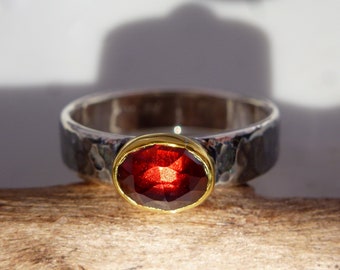 24K Gold, Funkelnder Mosambik Granat Ring, Silberring Granat rot, 999 Gold, Goldring Taubenblut Granat