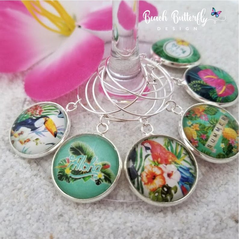 Hawaiian Wine Glass Charms-Tropical Wine Charms-Aloha Charms-Summer Wine Charms-Housewarming Gift-Bird Wine Charms-Tropical Collection