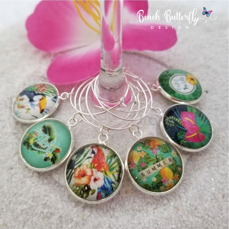 Hawaiian Wine Glass Charms-Tropical Wine Charms-Aloha Charms-Summer Wine Charms-Housewarming Gift-Bird Wine Charms-Tropical Collection