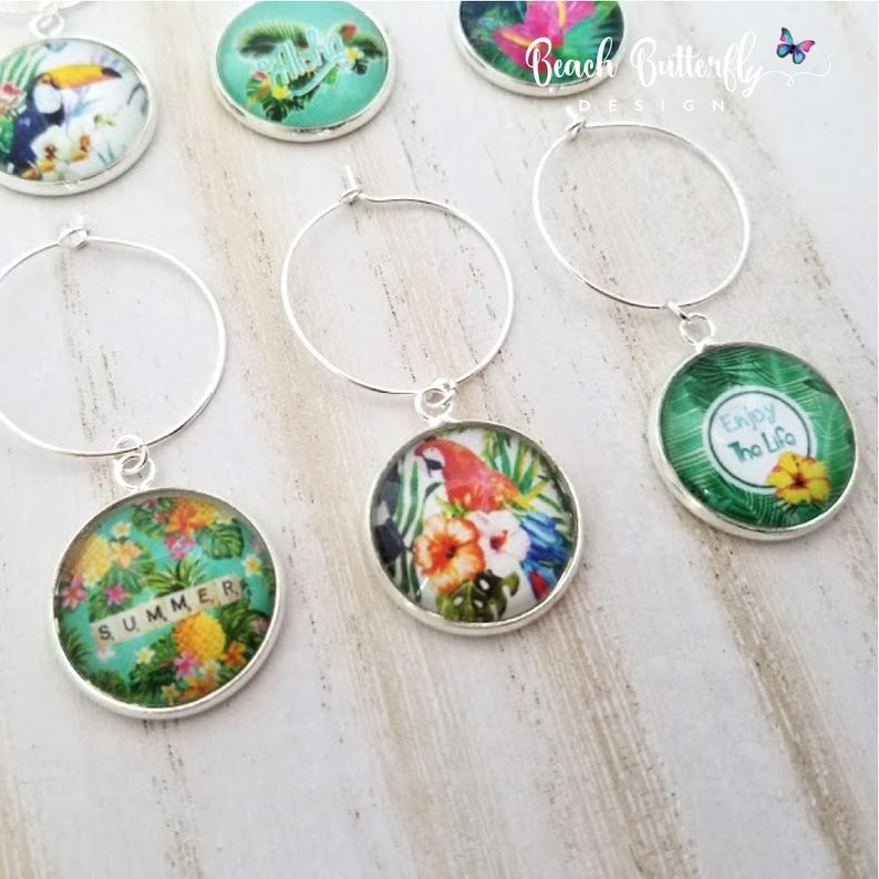 Hawaiian Wine Glass Charms-Tropical Wine Charms-Aloha Charms-Summer Wine Charms-Housewarming Gift-Bird Wine Charms-Tropical Collection