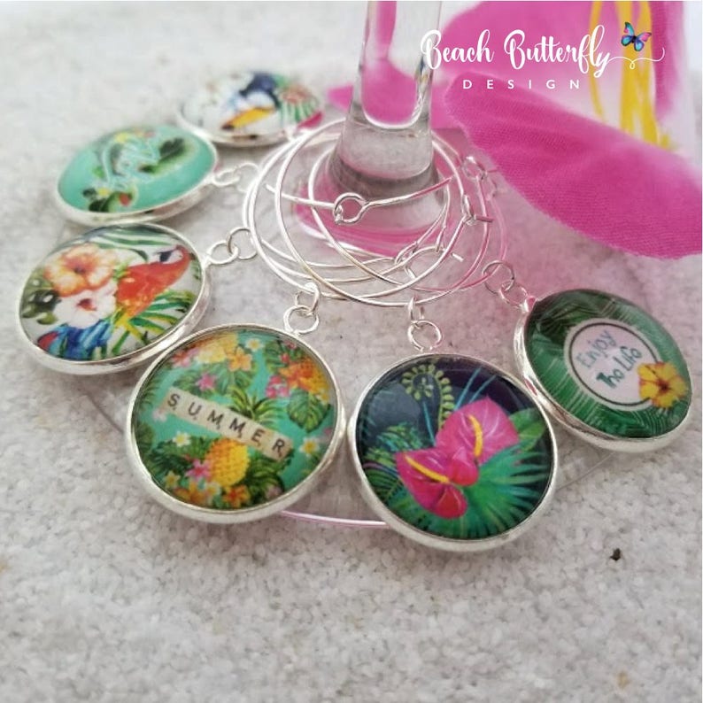 Hawaiian Wine Glass Charms-Tropical Wine Charms-Aloha Charms-Summer Wine Charms-Housewarming Gift-Bird Wine Charms-Tropical Collection