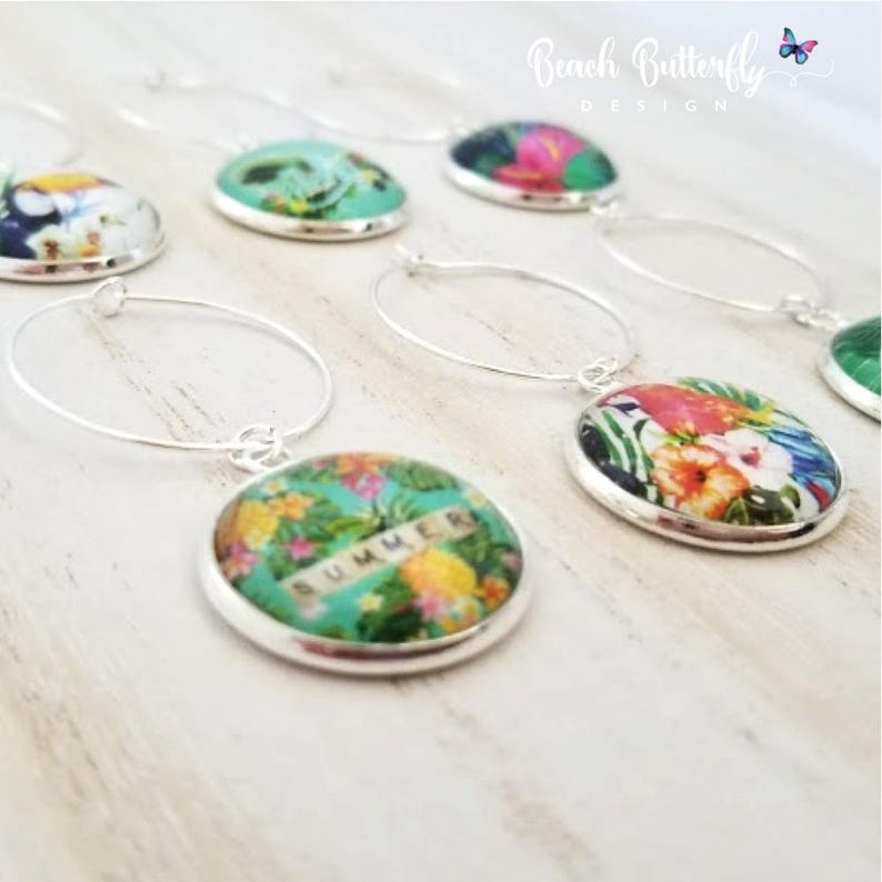 Hawaiian Wine Glass Charms-Tropical Wine Charms-Aloha Charms-Summer Wine Charms-Housewarming Gift-Bird Wine Charms-Tropical Collection