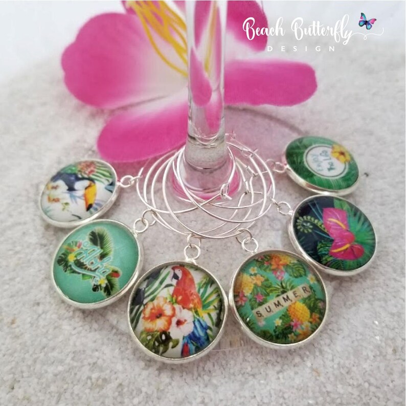 Hawaiian Wine Glass Charms-Tropical Wine Charms-Aloha Charms-Summer Wine Charms-Housewarming Gift-Bird Wine Charms-Tropical Collection