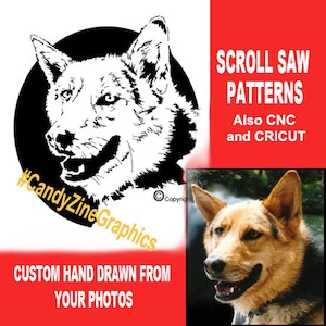 May include: Black and white silhouette of a wolf's head, with the text "#CandyZineGraphics" below. The image is a scroll saw pattern, also available for CNC and Cricut machines. The text "CUSTOM HAND DRAWN FROM YOUR PHOTOS" is at the bottom of the image.