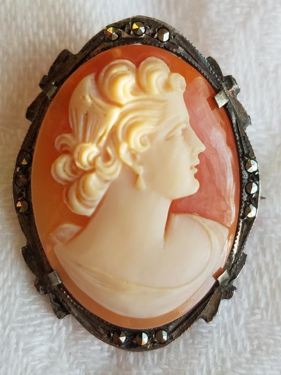 Vintage Cameo Brooch, Sterling Silver, Shell, Marc