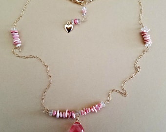 Pink Coral and Quartz Gemstone 20 inch necklace, 14K gold filled