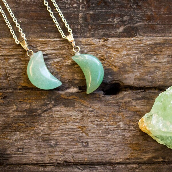 Aventurine Necklace Polished Jewellery Moon Crystal Healing Jade Crescent Pendant Birthday Unique Gift July Cancer Leo Zodiac