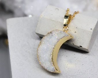 Druzy Moon Pendant Crystal Moon Necklace Druzy Crescent Necklace Crystal Crescent Moon Zodiac Birthday Gift Anniversary gift