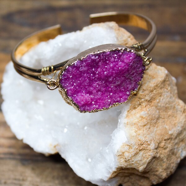 Pink Druzy Gold Bracelet Bangle Crystal Jewelry Jewellery Healing Womens Natural Mens Birthday Unique Gift Aries April Taurus