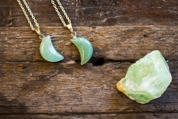 Aventurine Necklace Polished Jewellery Moon Crystal Healing Jade Crescent Pendant Mens Birthday Unique Unusual Gift Cancer July Leo July
