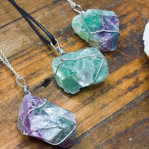 Green Fluorite Necklace Fluorite Pendant Natural Crystal Healing Silver Wrapped Unusual Zodiac Birthday Gift May Taurus Gemini