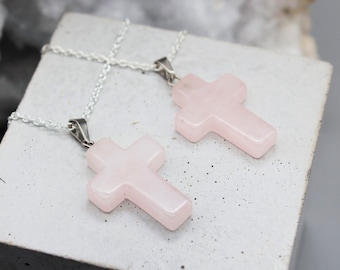 Rose Quartz Cross Pendant, Sterling Silver Necklace