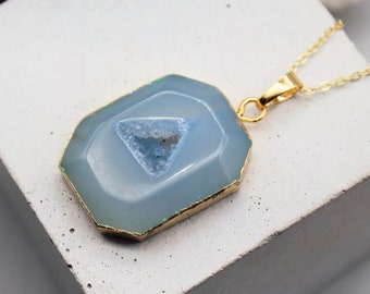 Blue Agate Pendant Blue Agate Necklace Crystal Necklace Crystal Pendant Druzy Pendant Zodiac Birthday Gift May Taurus Gemini