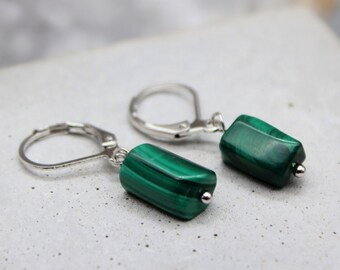 Real Malachite Earrings, Silver Crystal Earrings, Malachite Crystal Jewellery, Green Malachite Earrings, Zodiac Birthday Gift May Taurus