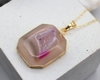 Pink Agate Pendant Pink Agate Necklace Crystal Necklace Crystal Pendant Druzy Pendant Zodiac Birthday Gift May Taurus Gemini