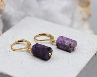 Real Charoite Earrings, Gold Crystal Earrings, Charoite Crystal Jewellery, Purple Charoite Earrings, Zodiac Birthday Gift, May Taurus Gemini