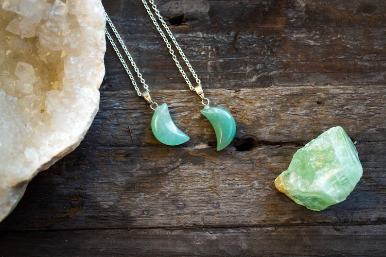 Aventurine Necklace Polished Jewellery Moon Crystal Healing Jade Crescent Pendant Mens Birthday Unique Unusual Gift Cancer July Leo July