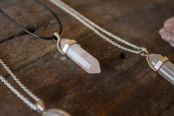 Rose Quartz Necklace Pendant Chunky Polished Quartz Silver Natural Crystal Healing Unique Gift Birthday June Cancer July Gemini