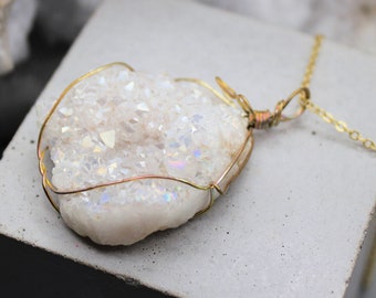 Angel Aura Quartz Druzy Pendant Necklace: Iridescent Geode Slice