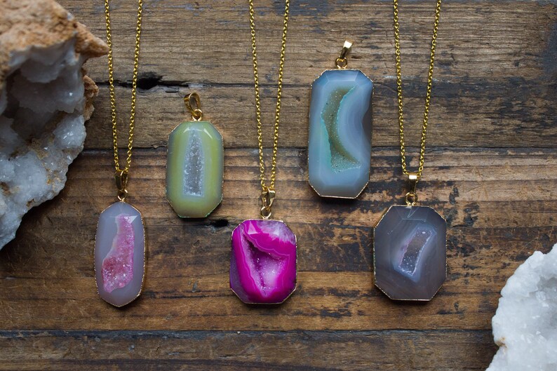 Agate Necklace Polished Druzy Jewellery Sterling Silver Natural Crystal Healing Unique Unusual Birthday Gift Valentines Cancer July