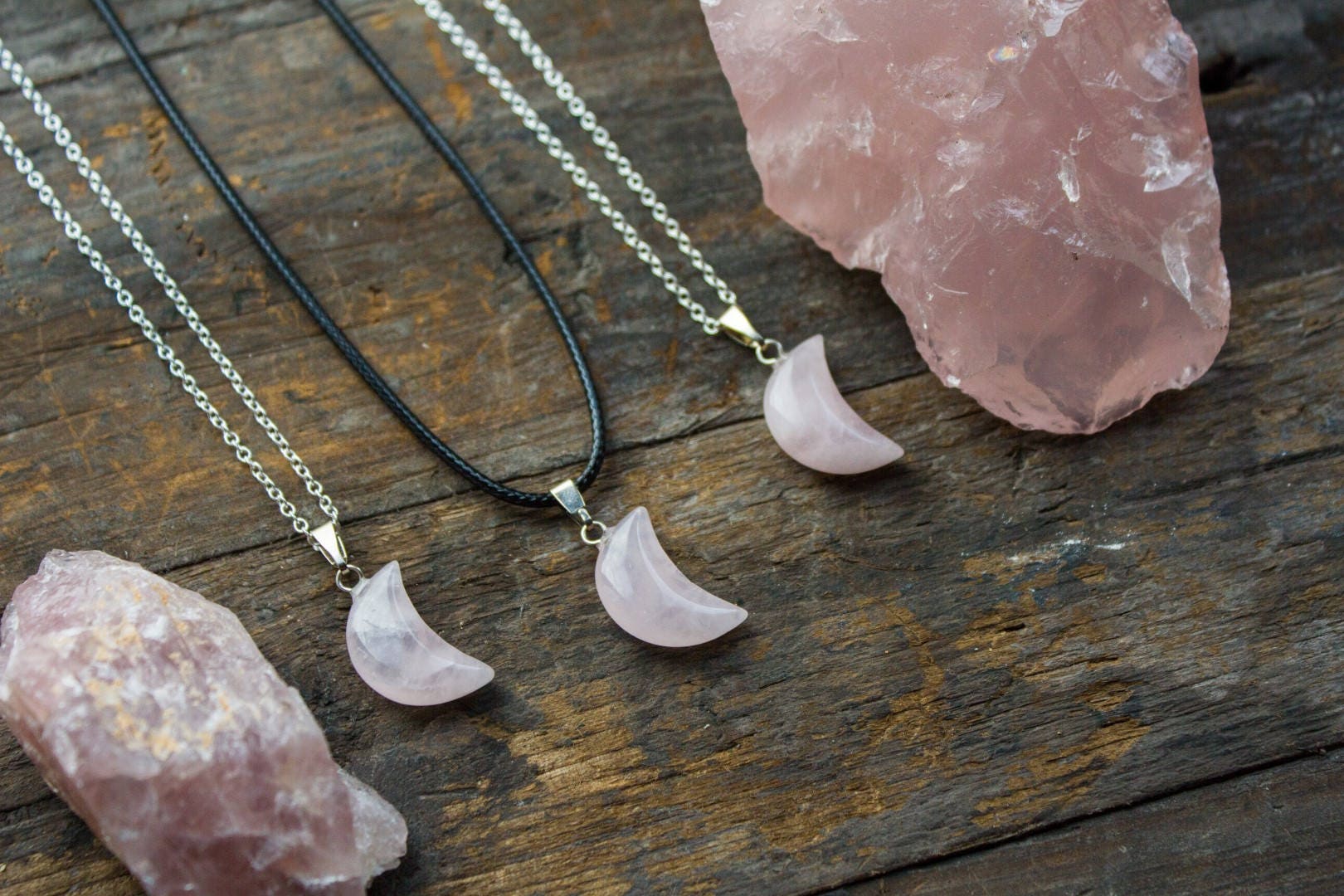 Rose Quartz Moon Necklace Polished Pendant Jewelry Silver | Etsy