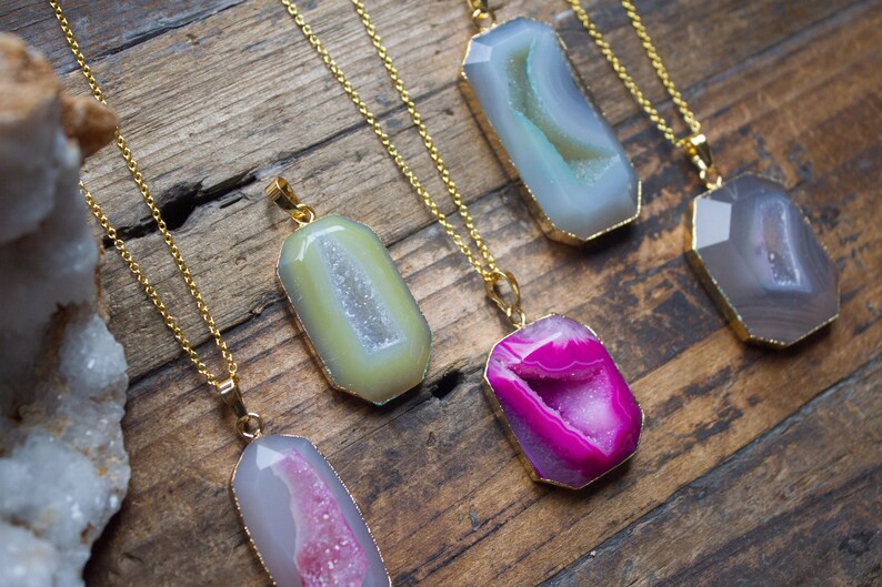 Agate Necklace Polished Druzy Jewellery Sterling Silver Natural Crystal Healing Unique Unusual Birthday Gift Valentines Cancer July