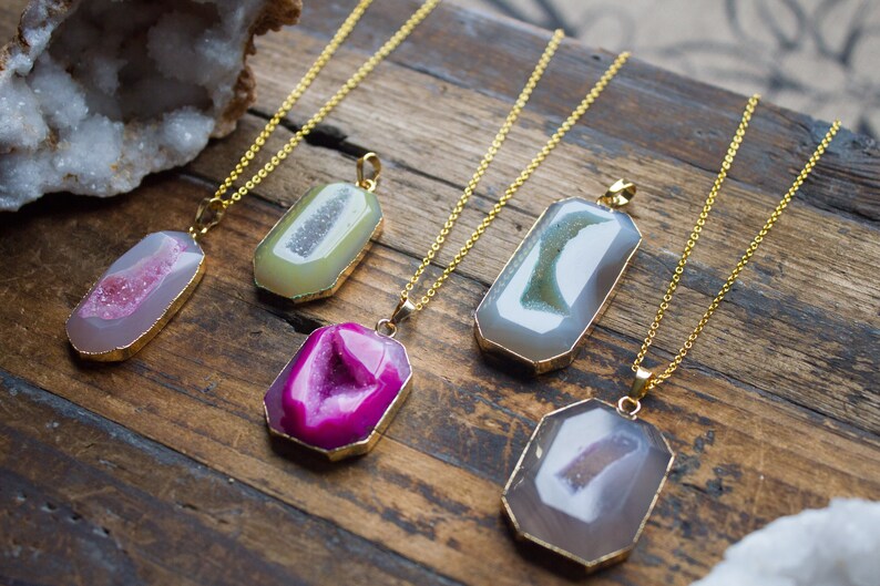Agate Necklace Polished Druzy Jewellery Sterling Silver Natural Crystal Healing Unique Unusual Birthday Gift Valentines Cancer July