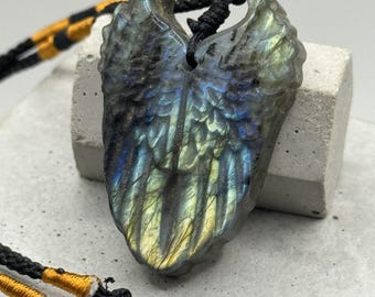 Labradorite Angel Wing Pendant: 20-24 Inch Adjustable Cord