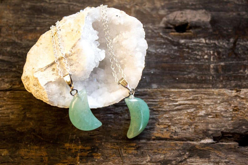 Aventurine Necklace Polished Jewellery Moon Crystal Healing Jade Crescent Pendant Mens Birthday Unique Unusual Gift Cancer July Leo July