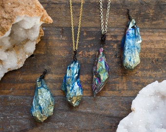 Angel Aura Quartz Geode Slice Necklace: Rainbow Druzy Crystal Pendant