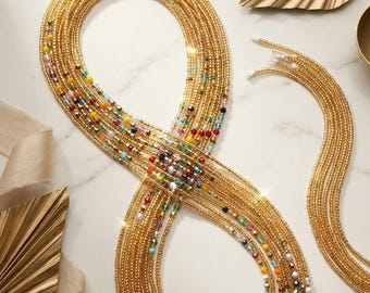 Handgemachte afrikanische Taille Perlen | Bauchkette | Femininer Körperschmuck | Kristall & Gold perlen