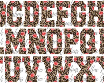 pink roses and leopard print alphabet letters font, PNG, graphic design, digotal download, sublimation, clipart