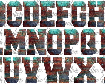 Rustic Turquoise Brown Alphabet Font, letters, PNG, clipart, digital download, graphic design, sublimation