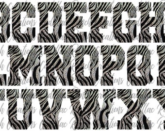 silver glitter zebra alphabet letters font, PNG, sublimation, graphic design, digital download, clipart