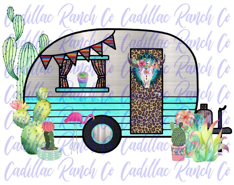 campsite PNG digital download leopard curtain camper cactus happy camper clipart sublimation graphic design