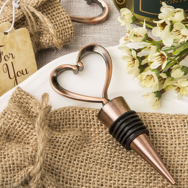 Romantic Copper Heart Bottle Stopper in Burlap Bag - Perfect for Elegant Wedding Favors, Anniversaries, and Housewarming Gifts - 12pcs